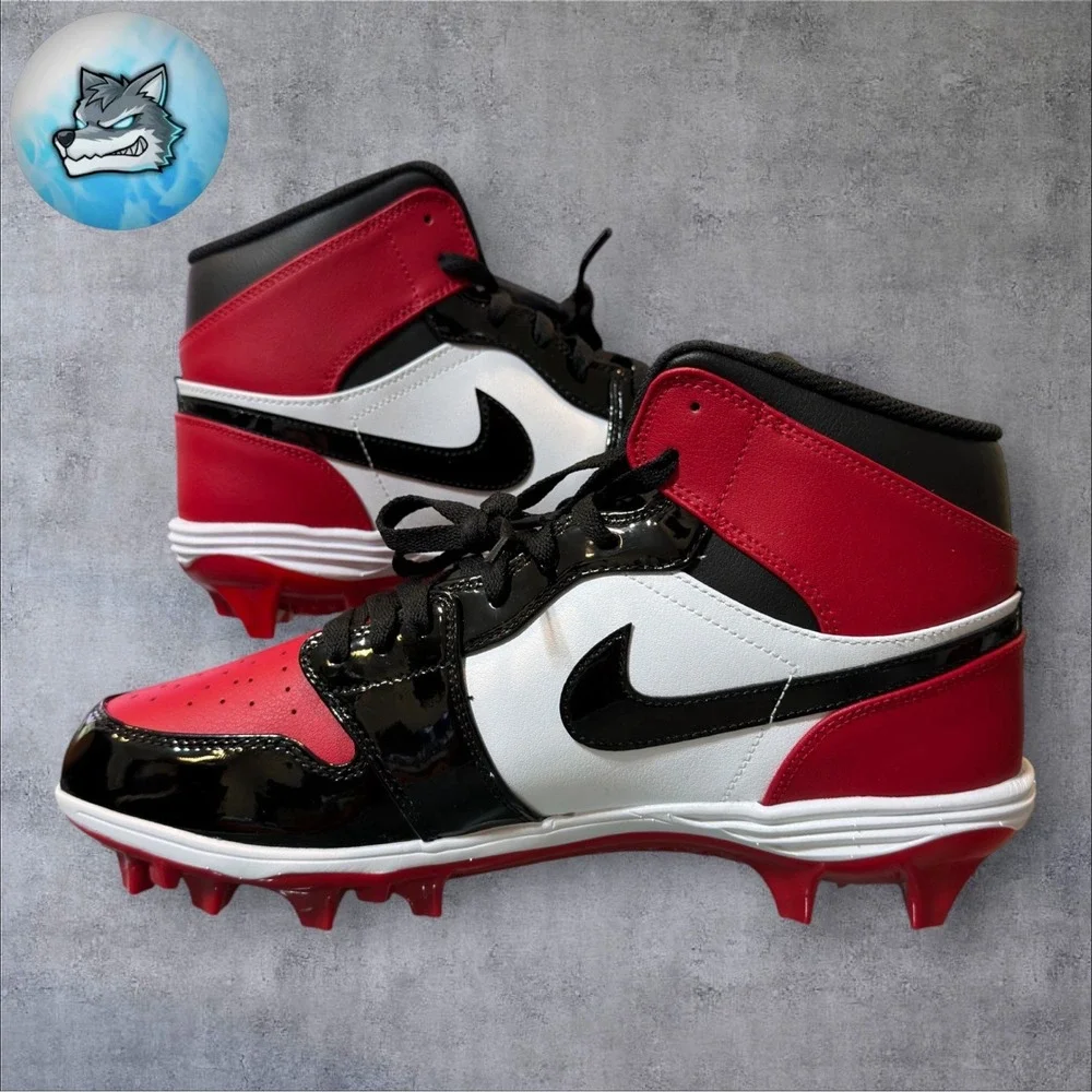 Jordan 1 Mid TD Bred Toe Football Cleats Gym Red Black Men's Size 12 FJ6805-601